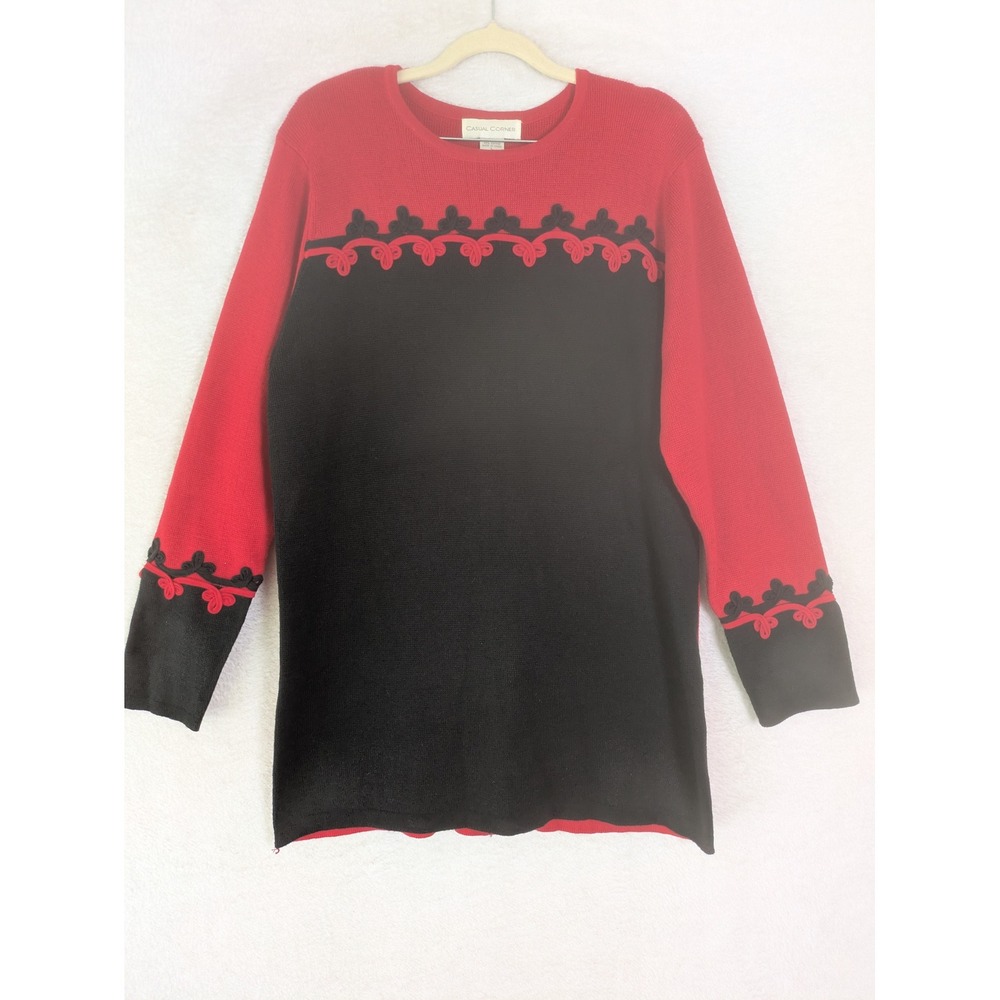 Casual Corner Sweater Women's Large Red Black Soutache Trim Colorblock Tunic
